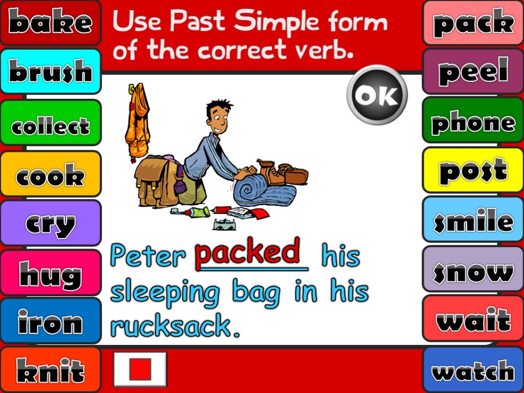 Peter ______ his sleeping bag in his rucksack. packed bake brush collect cook cry